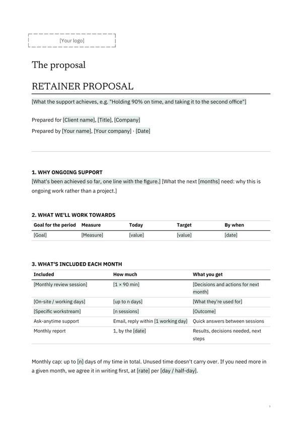 First page of the client version of C3, Strategic Retainer Proposal