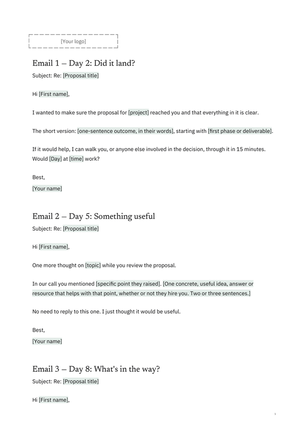 First page of the client version of F2, Proposal Follow-up Sequence